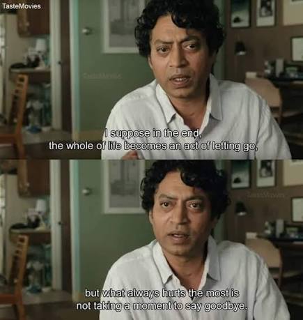 βI suppose in the end, the whole of life becomes an act of letting go, but what always hurts the most is not taking a moment to say goodbye.β β Life of Pi